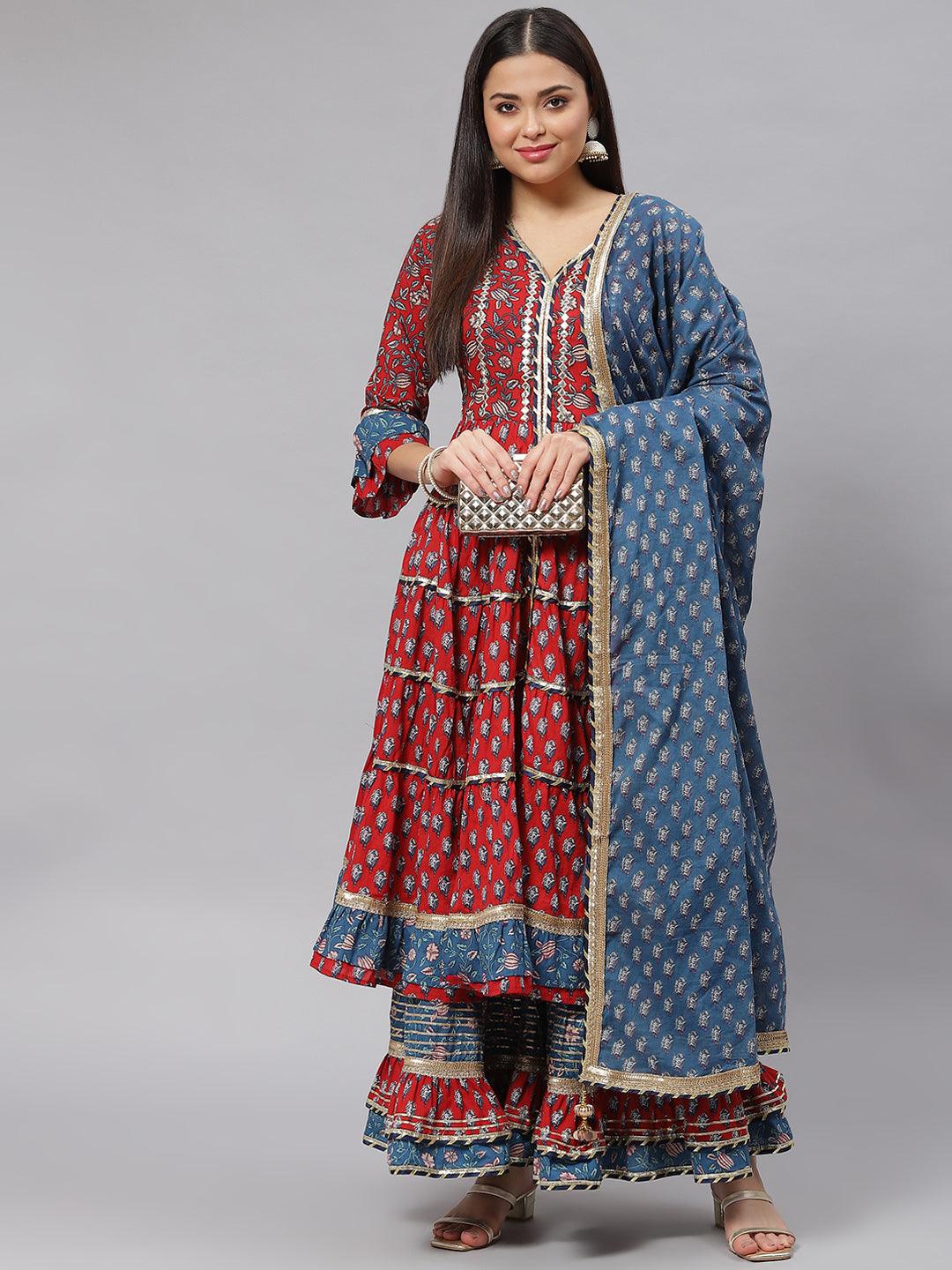  Maroon & Blue Anarkali Kurta Sharara Set with Dupatta -  world
