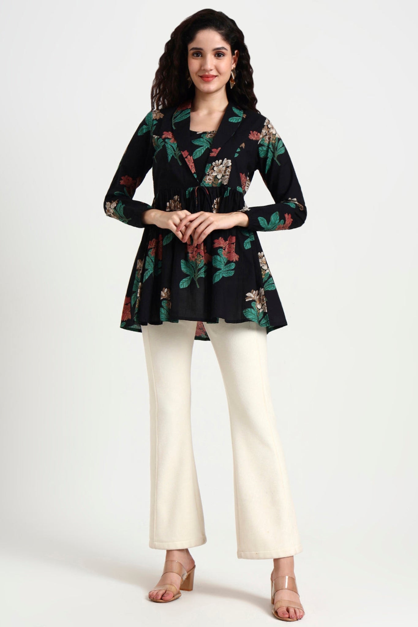 Black Floral Print Cotton Top