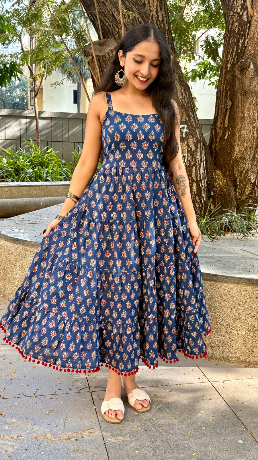 Navy Blue Buti Printed Shoulder Strip Long dress