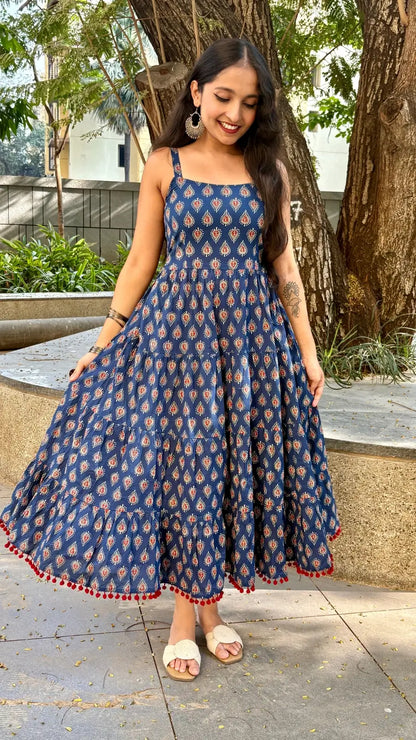 Navy Blue Buti Printed Shoulder Strip Long dress