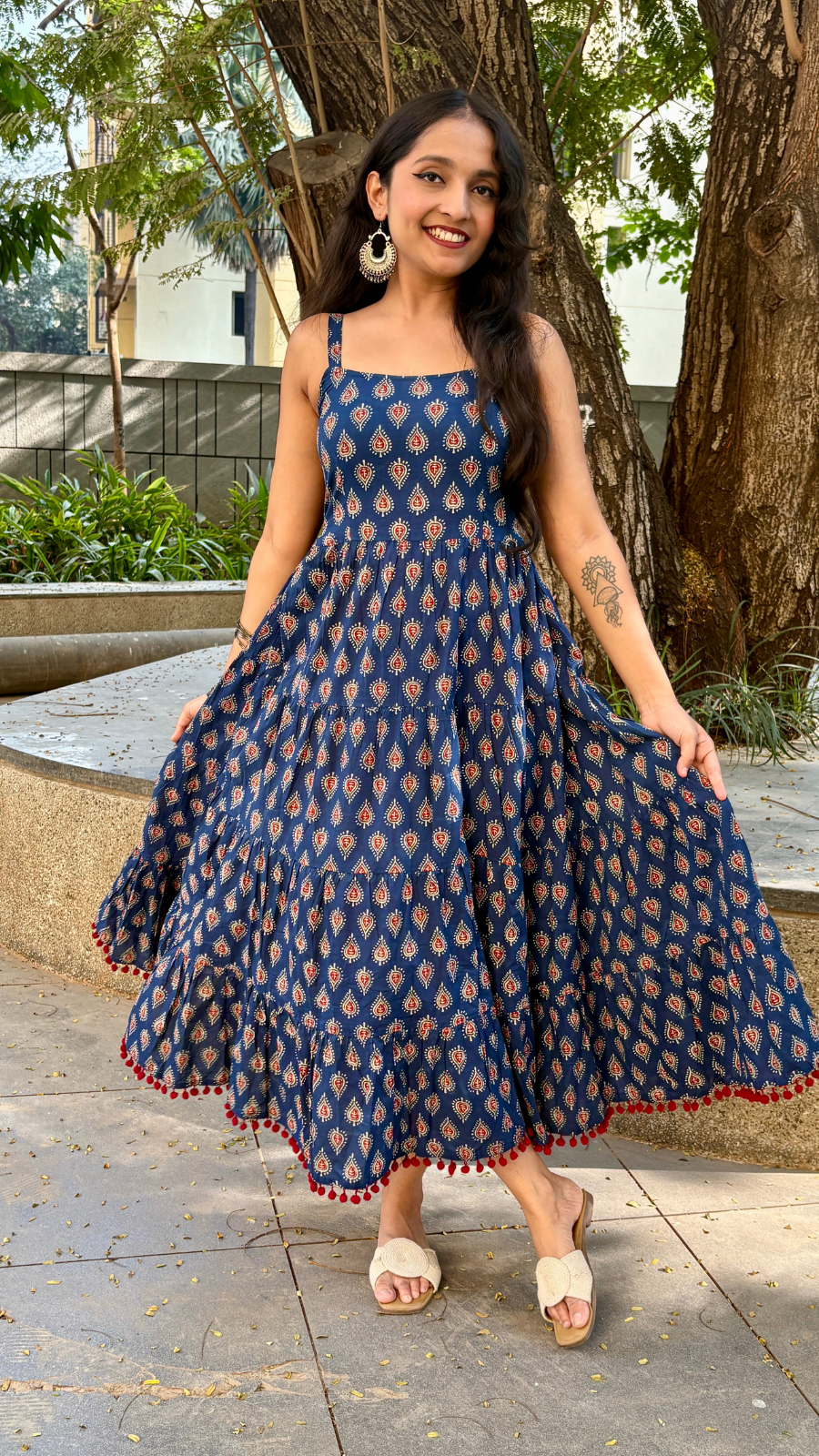 Navy Blue Buti Printed Shoulder Strip Long dress