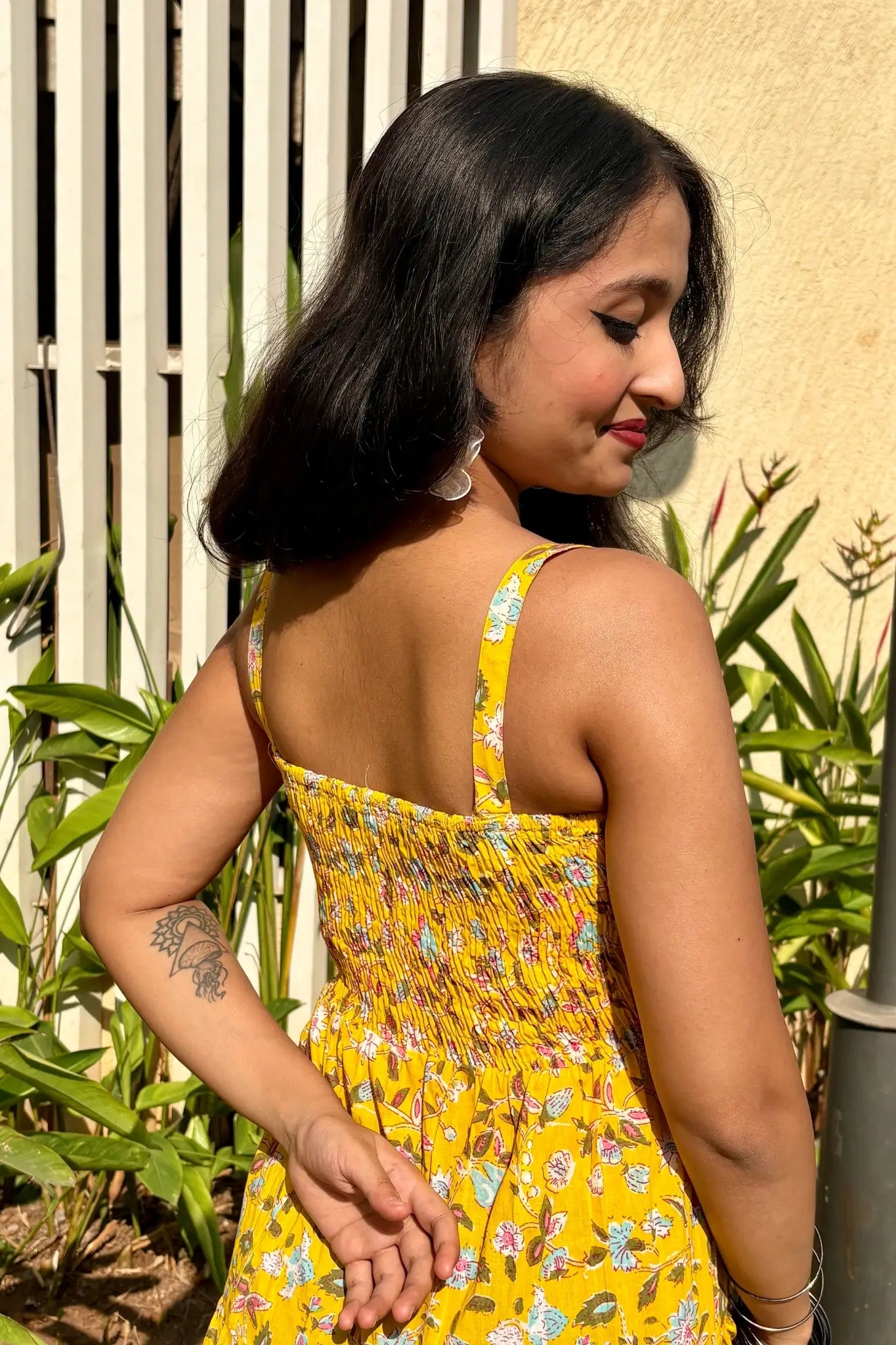 Yellow Floral Shoulder Strip Long Dress