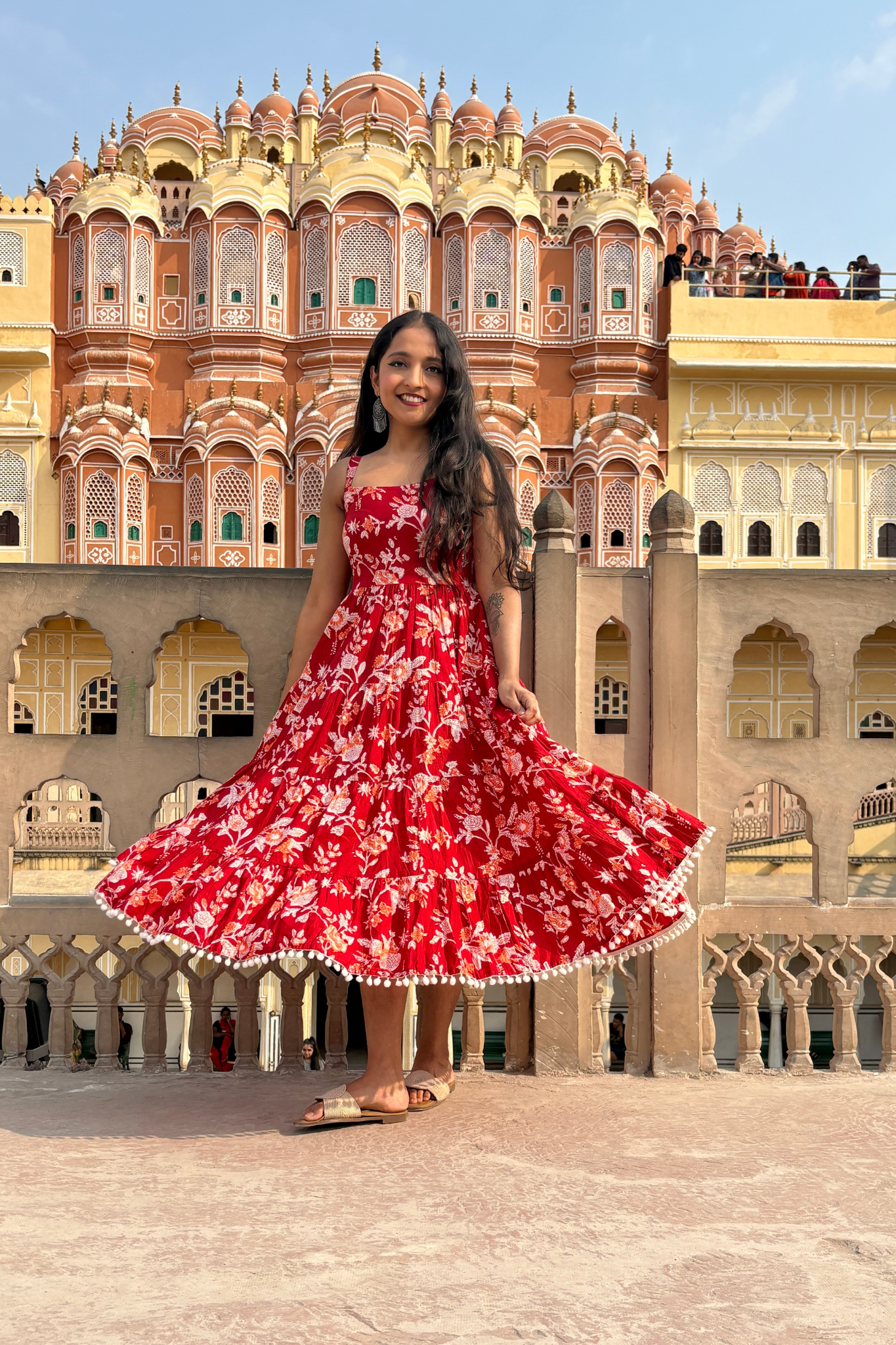 Red Floral Printed Shoulder Strap Long dress