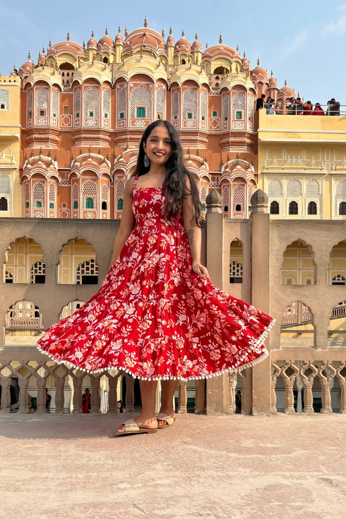 Red Floral Printed Shoulder Strap Long dress