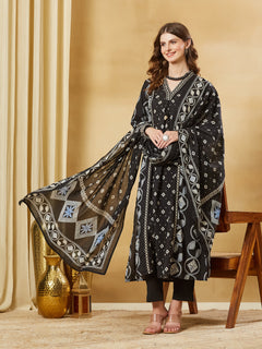 Black Floral Print Cotton A-Line Kurta Sets With Dupatta