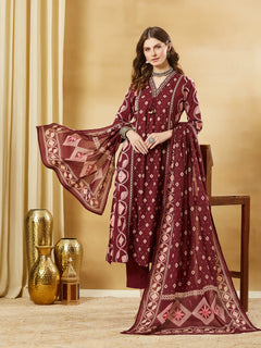 Maroon Floral Print Cotton A-Line Kurta Sets With Dupatta