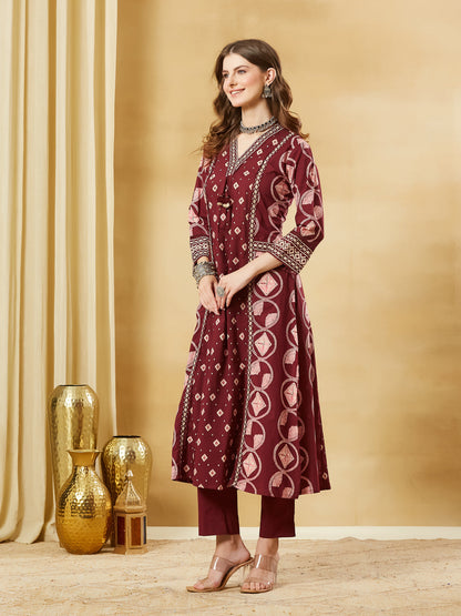 Maroon Floral Print Cotton A-Line Kurta Sets With Dupatta