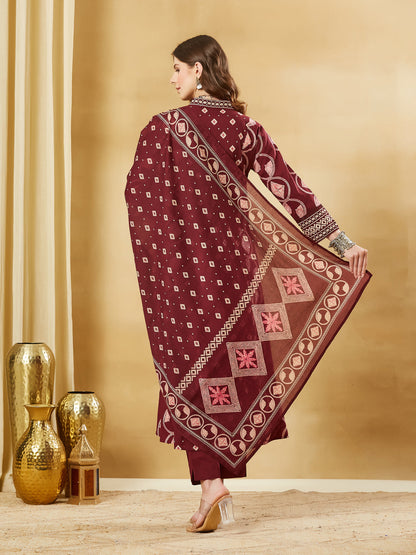Maroon Floral Print Cotton A-Line Kurta Sets With Dupatta