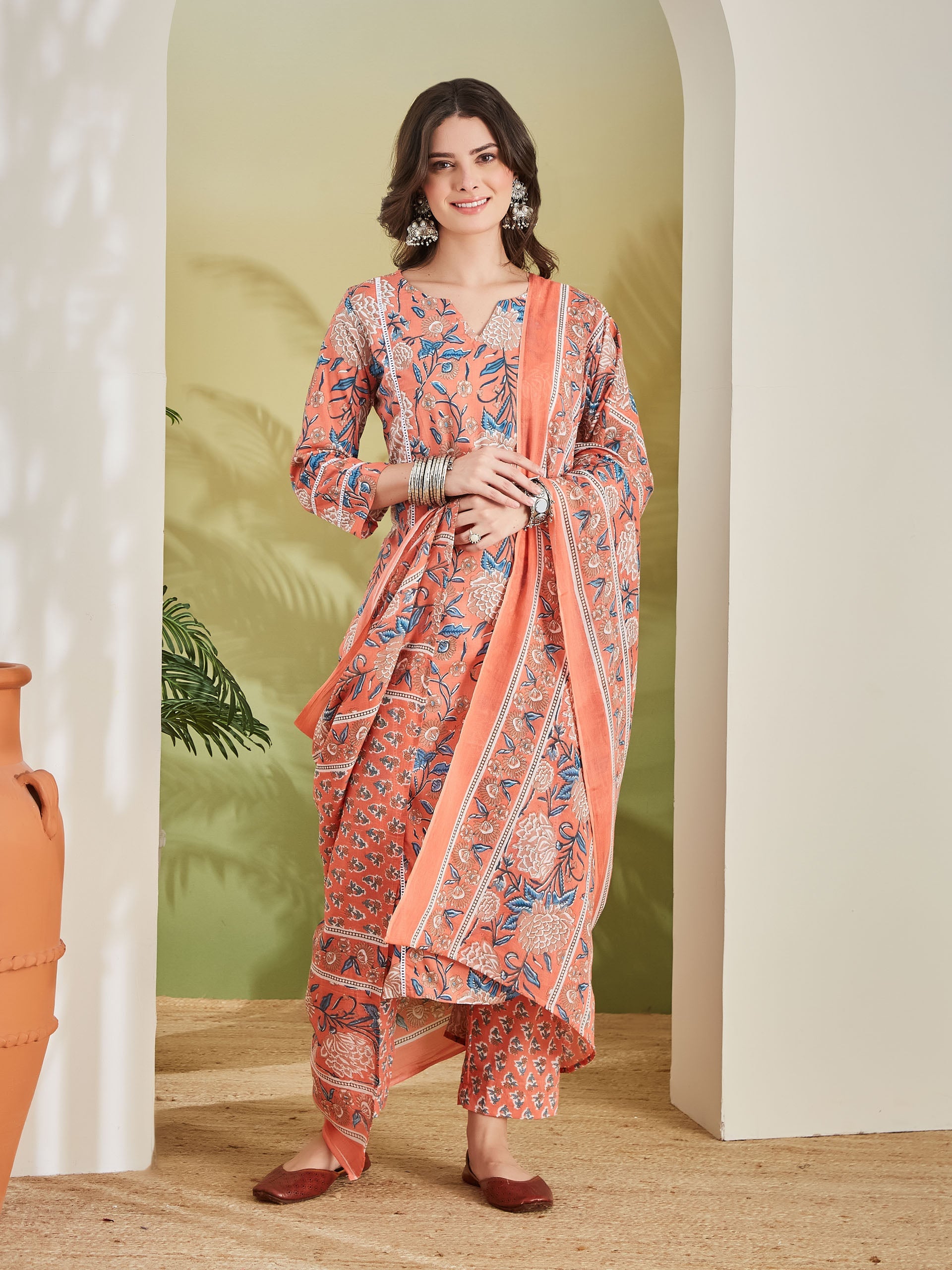 Floral Printed Straight Fit Pure Cotton Orange Kurta with Trousers & Dupatta