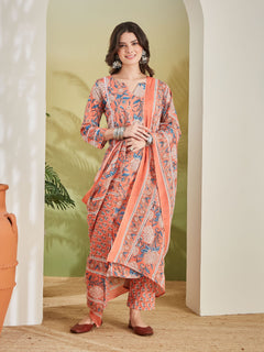 Floral Printed Straight Fit Pure Cotton Orange Kurta with Trousers & Dupatta
