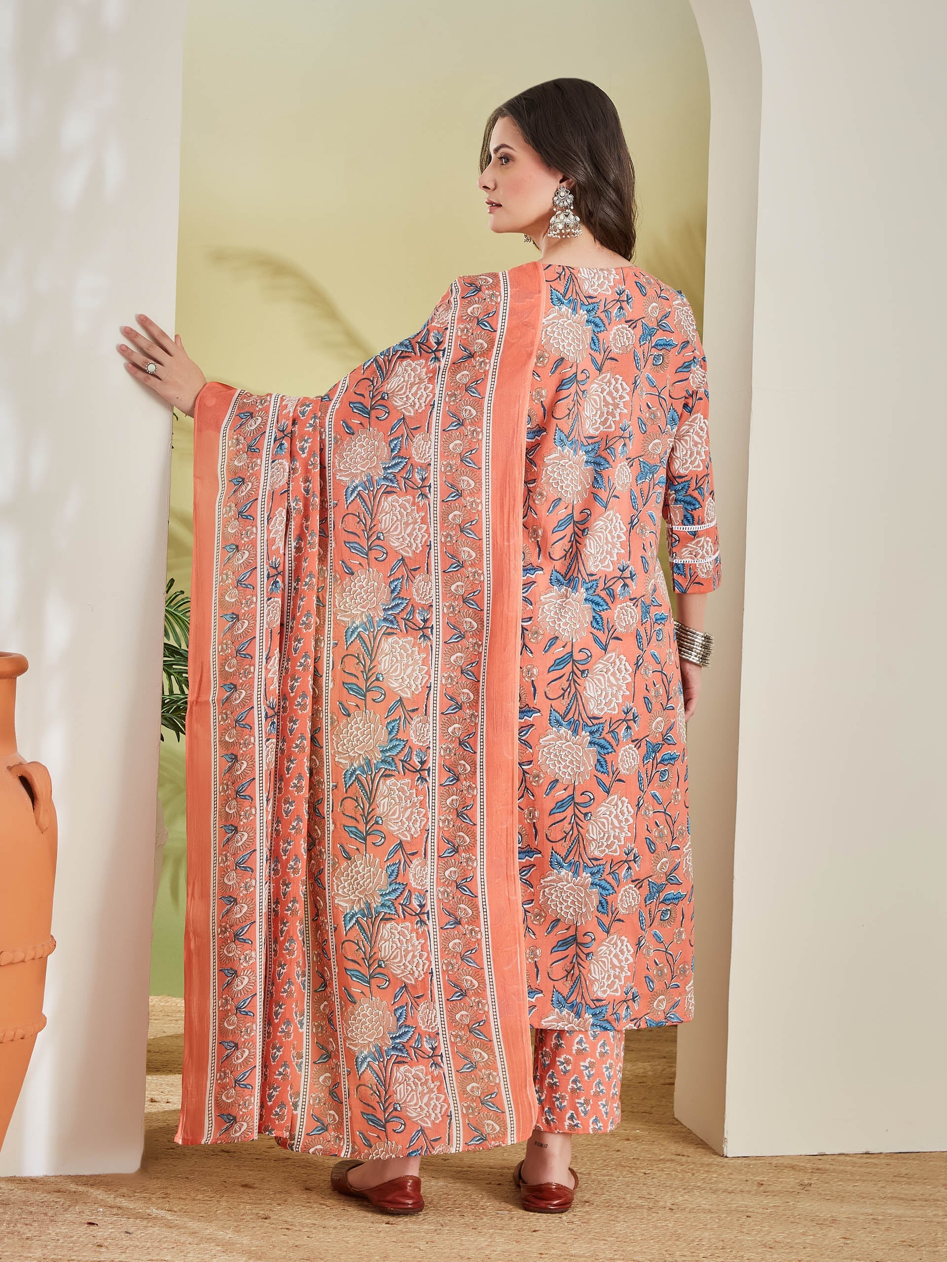 Floral Printed Straight Fit Pure Cotton Orange Kurta with Trousers & Dupatta