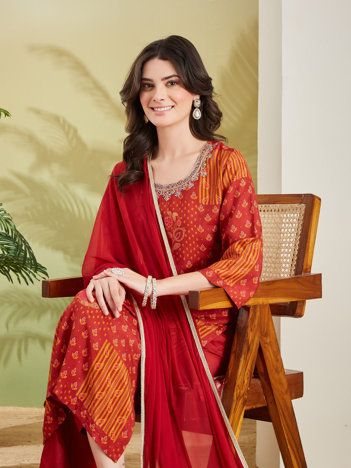 Embroidered Printed Straight Fit Muslin Kurta Pant with Dupatta Set