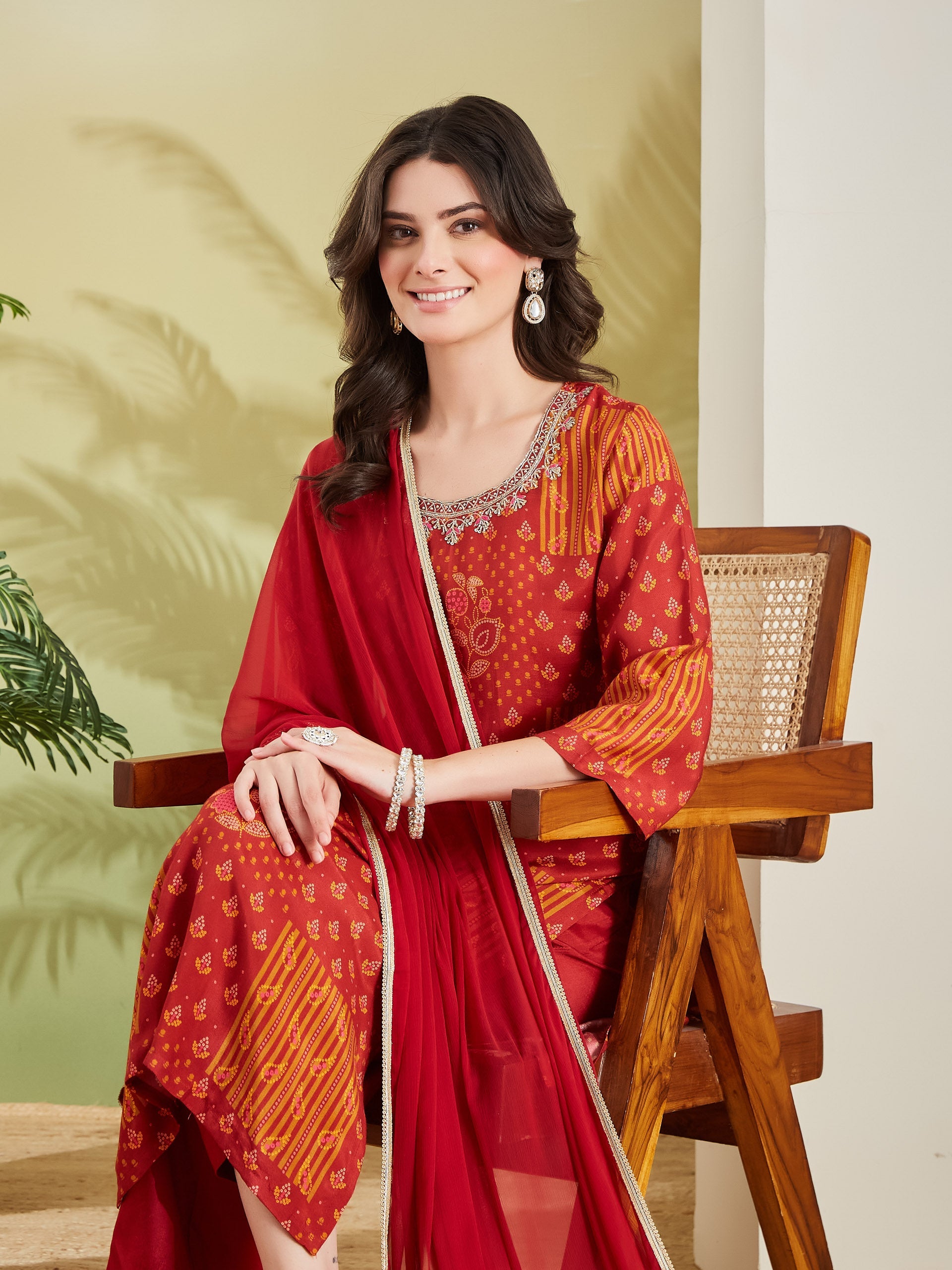 Embroidered Printed Straight Fit Muslin Kurta Pant with Dupatta Set