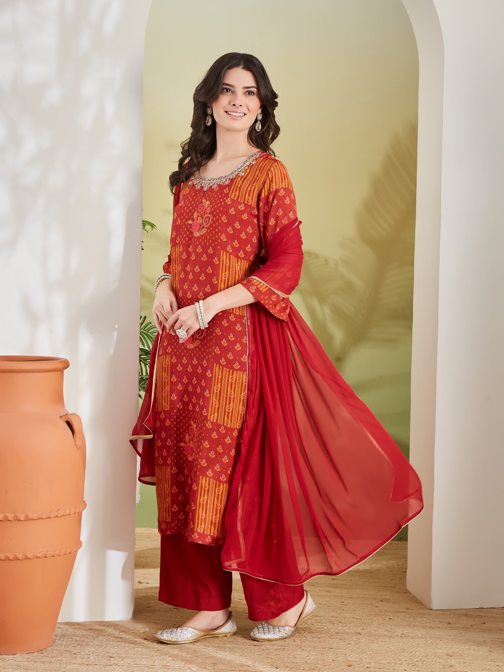 Embroidered Printed Straight Fit Muslin Kurta Pant with Dupatta Set
