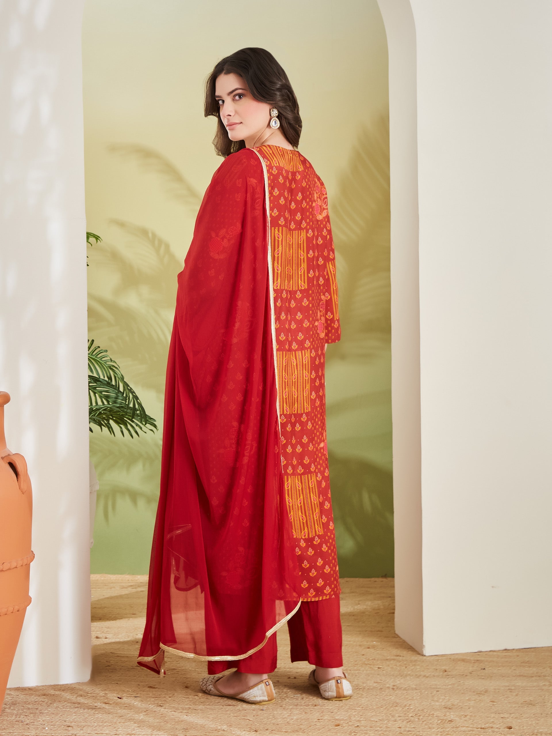 Embroidered Printed Straight Fit Muslin Kurta Pant with Dupatta Set
