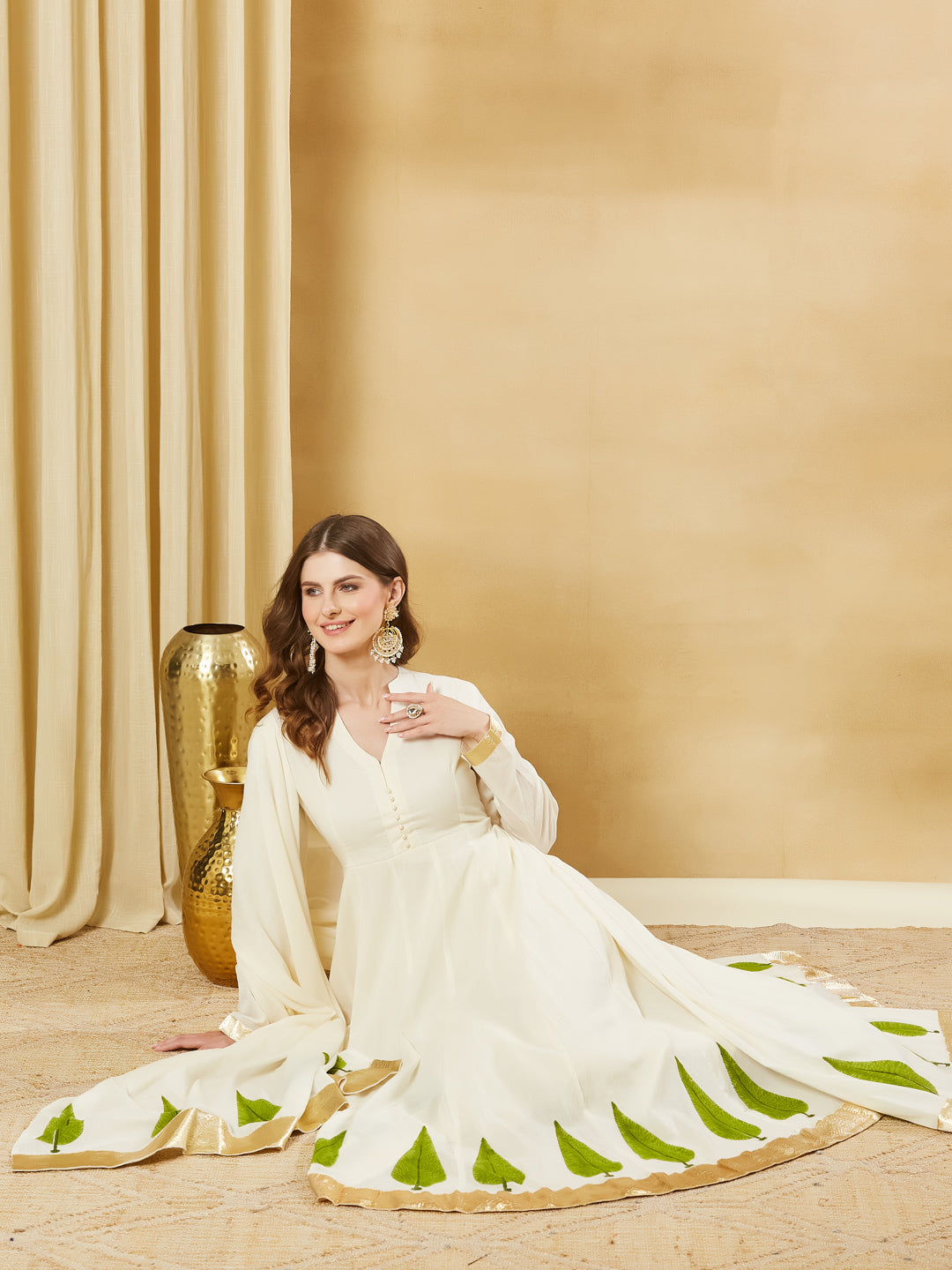 Offwhite Handblock Green Flower Print Anakali Kurta Set
