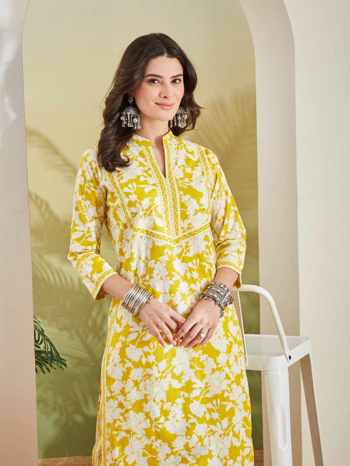 Floral Print Straight Fit Pure Cotton Yellow Kurta with Trousers