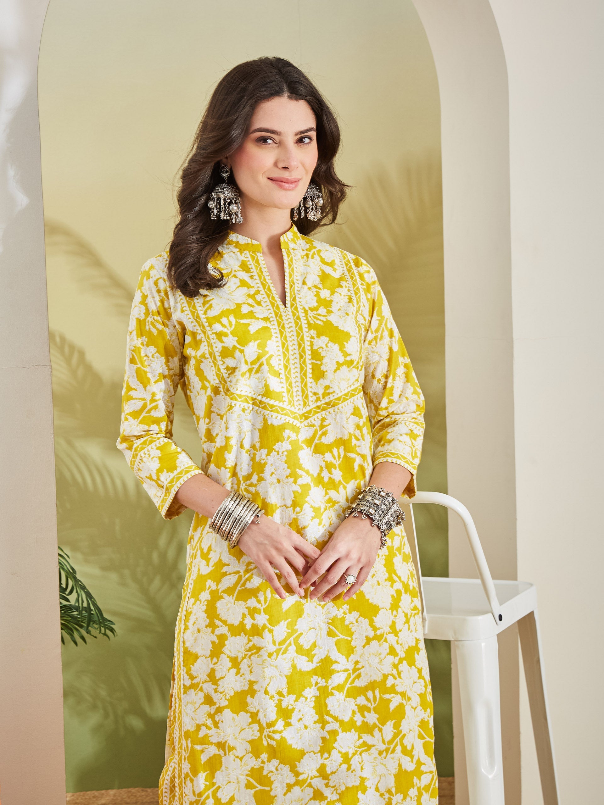 Floral Print Straight Fit Pure Cotton Yellow Kurta with Trousers