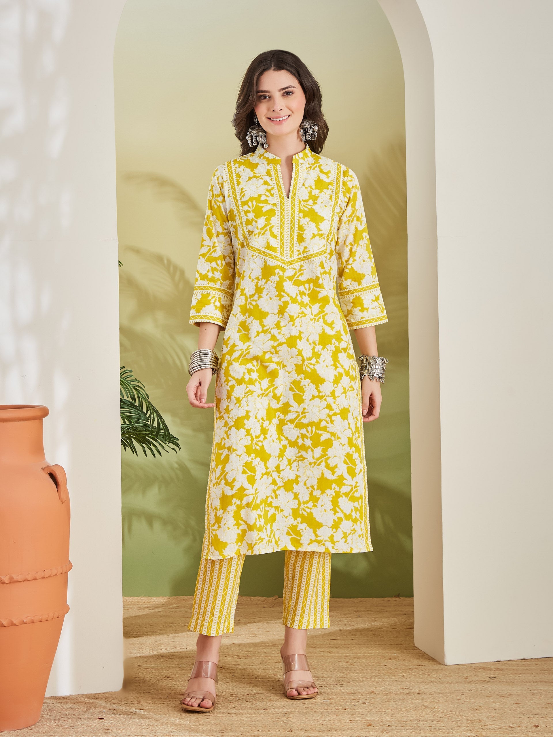 Floral Print Straight Fit Pure Cotton Yellow Kurta with Trousers