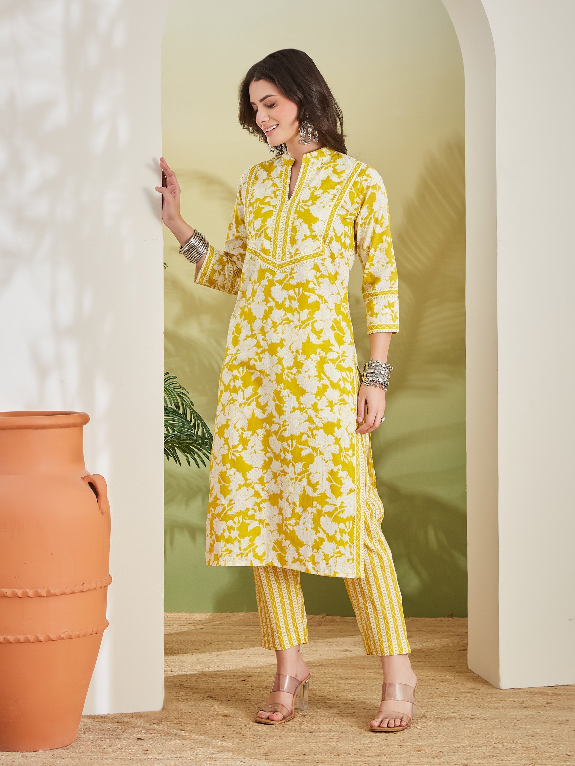 Floral Print Straight Fit Pure Cotton Yellow Kurta with Trousers
