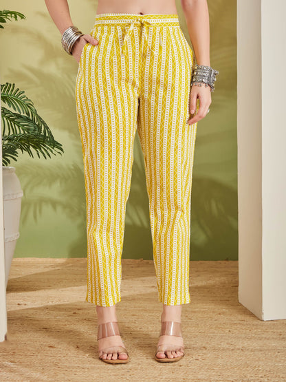 Floral Print Straight Fit Pure Cotton Yellow Kurta with Trousers