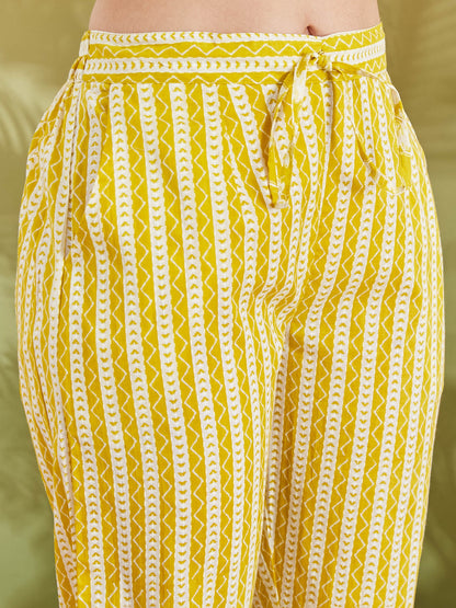 Floral Print Straight Fit Pure Cotton Yellow Kurta with Trousers