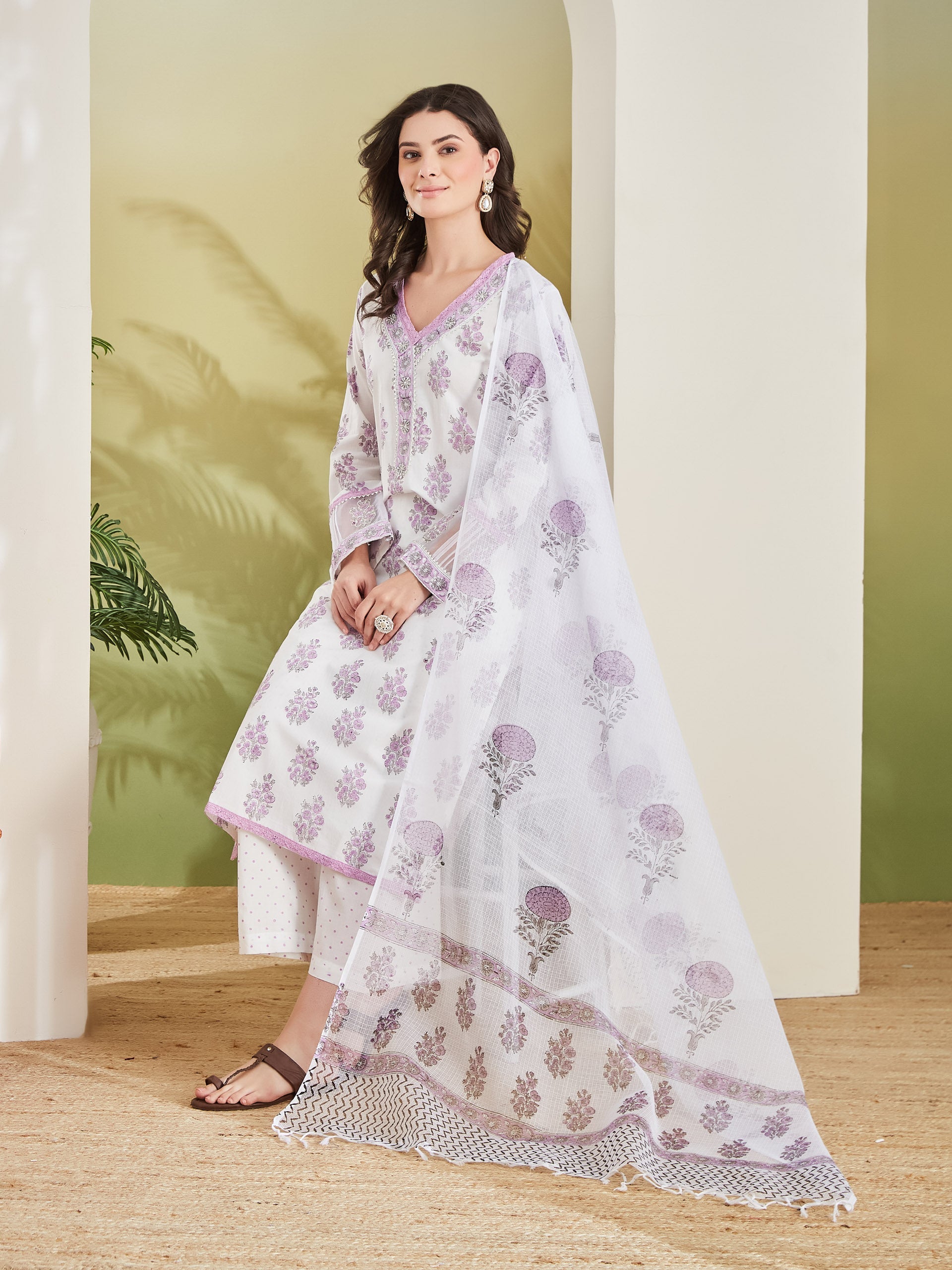 Hand block Pure Cotton White & Lavender Kurta with Palazzos & Kota Doria Dupatta