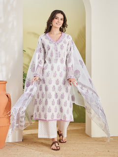 Hand block Pure Cotton White & Lavender Kurta with Palazzos & Kota Doria Dupatta