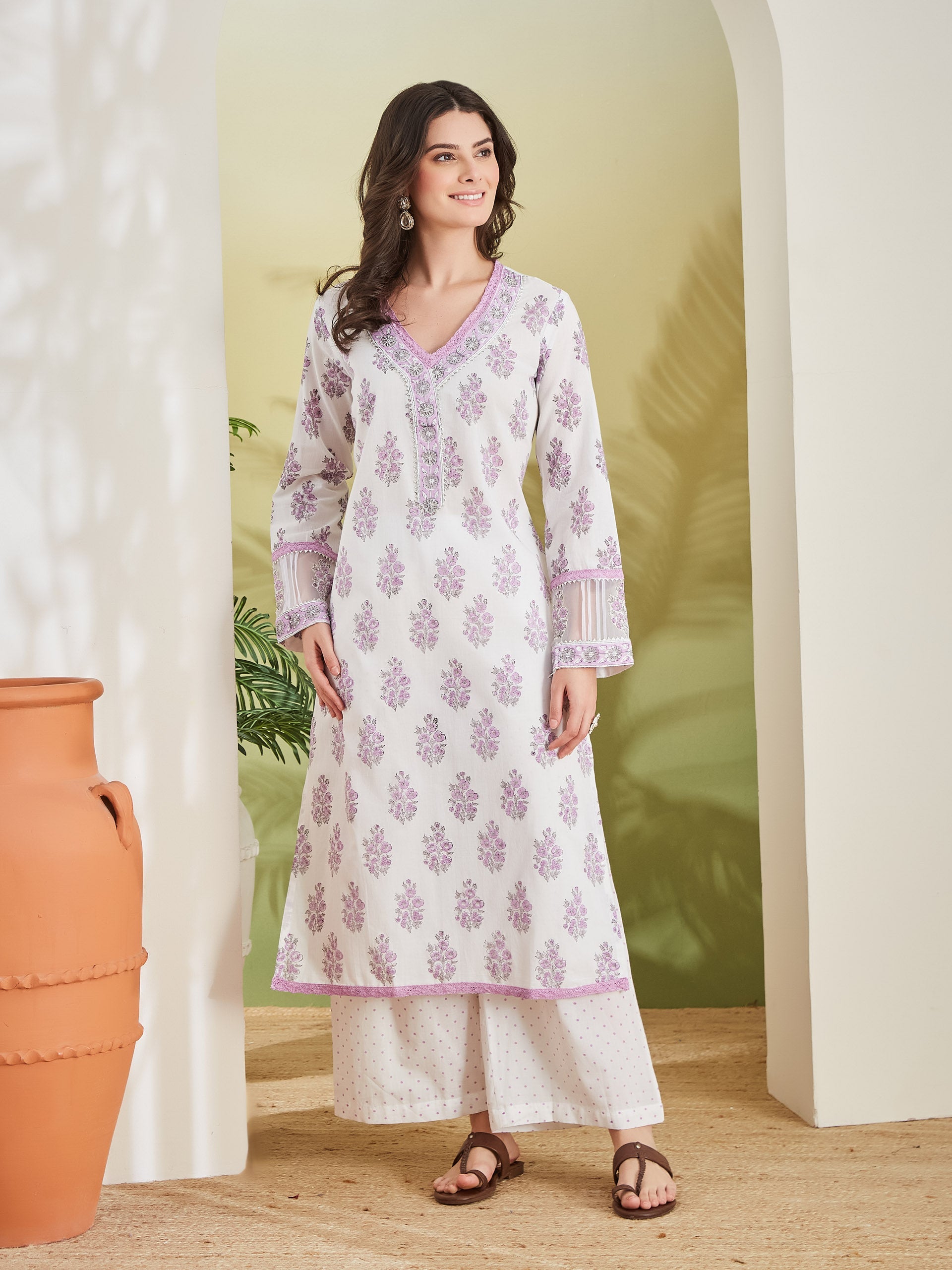 Hand block Pure Cotton White & Lavender Kurta with Palazzos & Kota Doria Dupatta