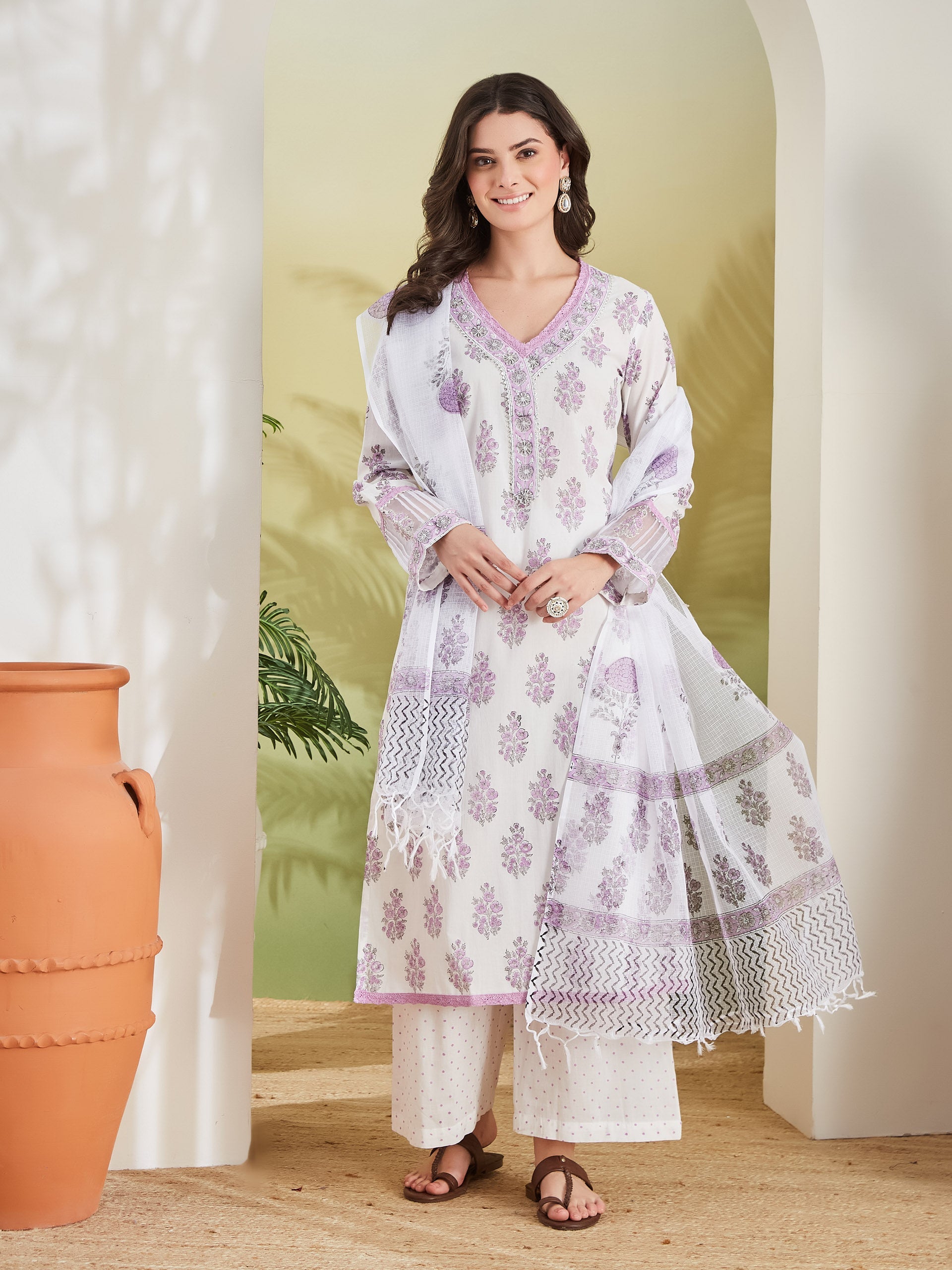 Hand block Pure Cotton White & Lavender Kurta with Palazzos & Kota Doria Dupatta