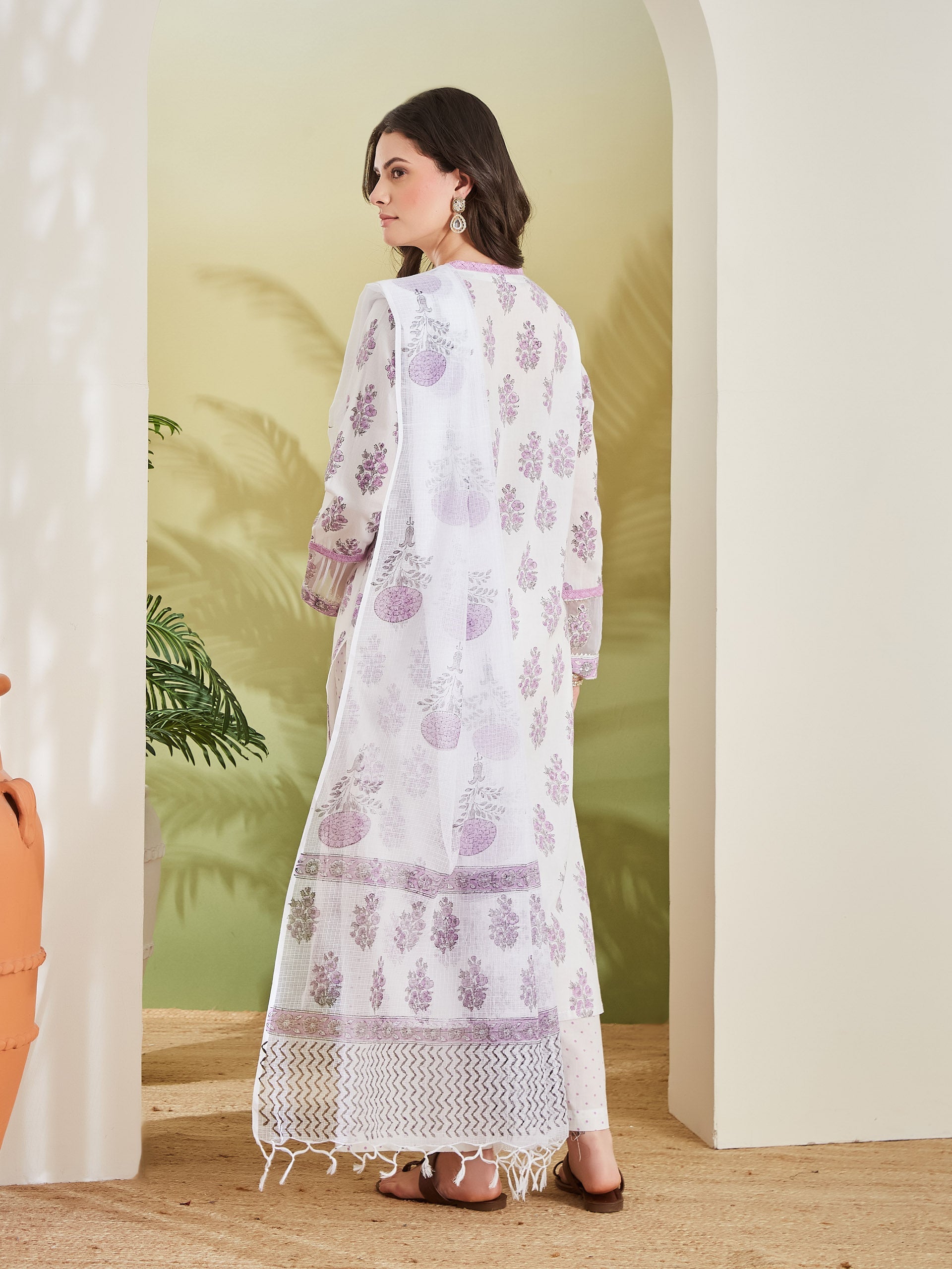 Hand block Pure Cotton White & Lavender Kurta with Palazzos & Kota Doria Dupatta