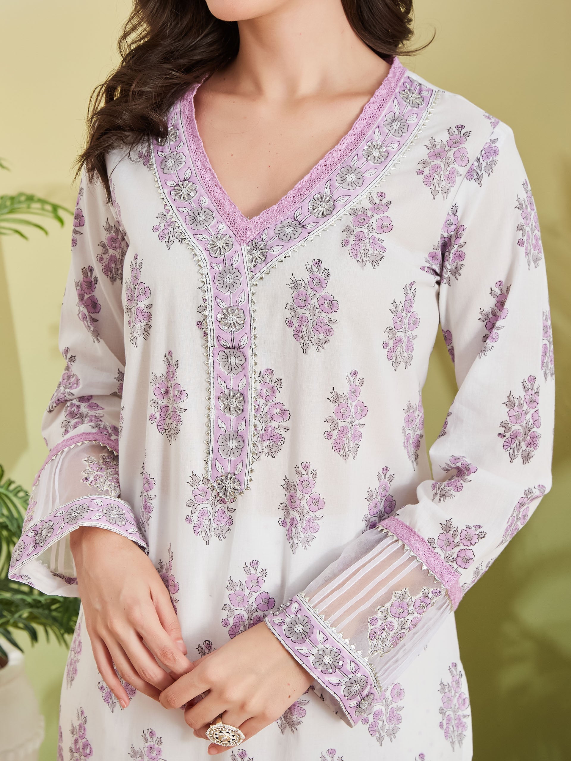 Hand block Pure Cotton White & Lavender Kurta with Palazzos & Kota Doria Dupatta