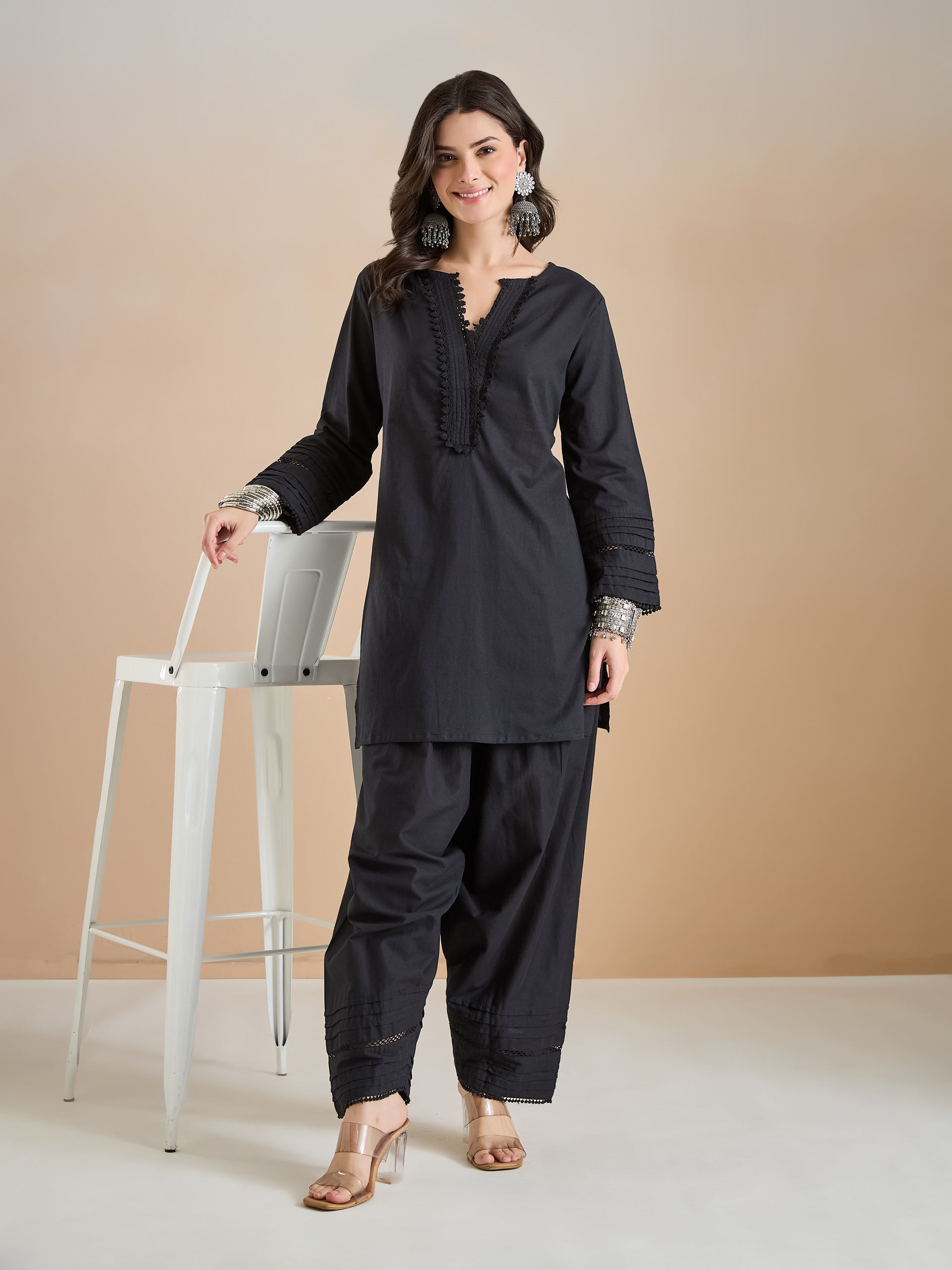 Pure Cotton Straight Fit Black Kurti with Farshi Salwar