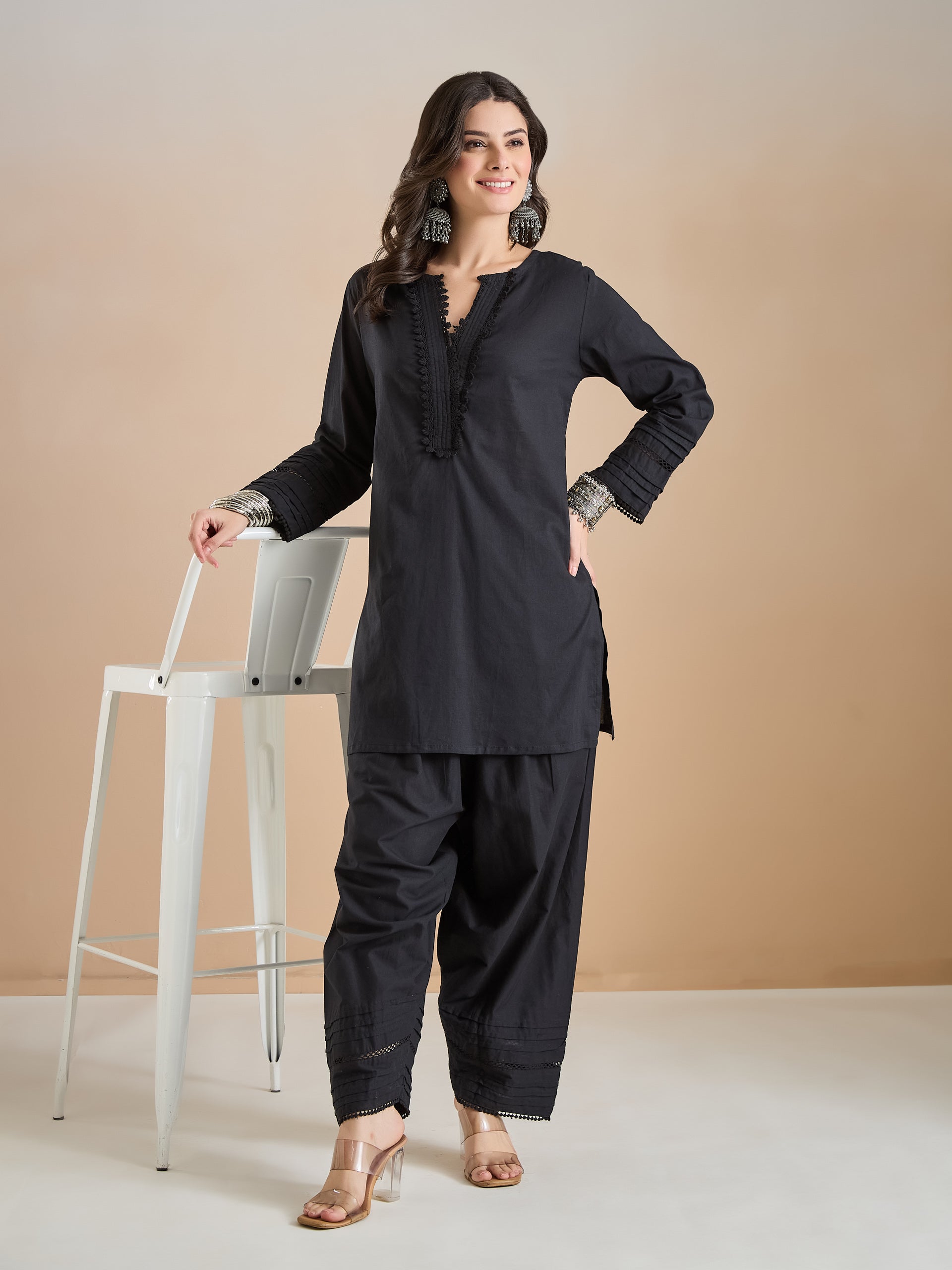 Pure Cotton Straight Fit Black Kurti with Farshi Salwar