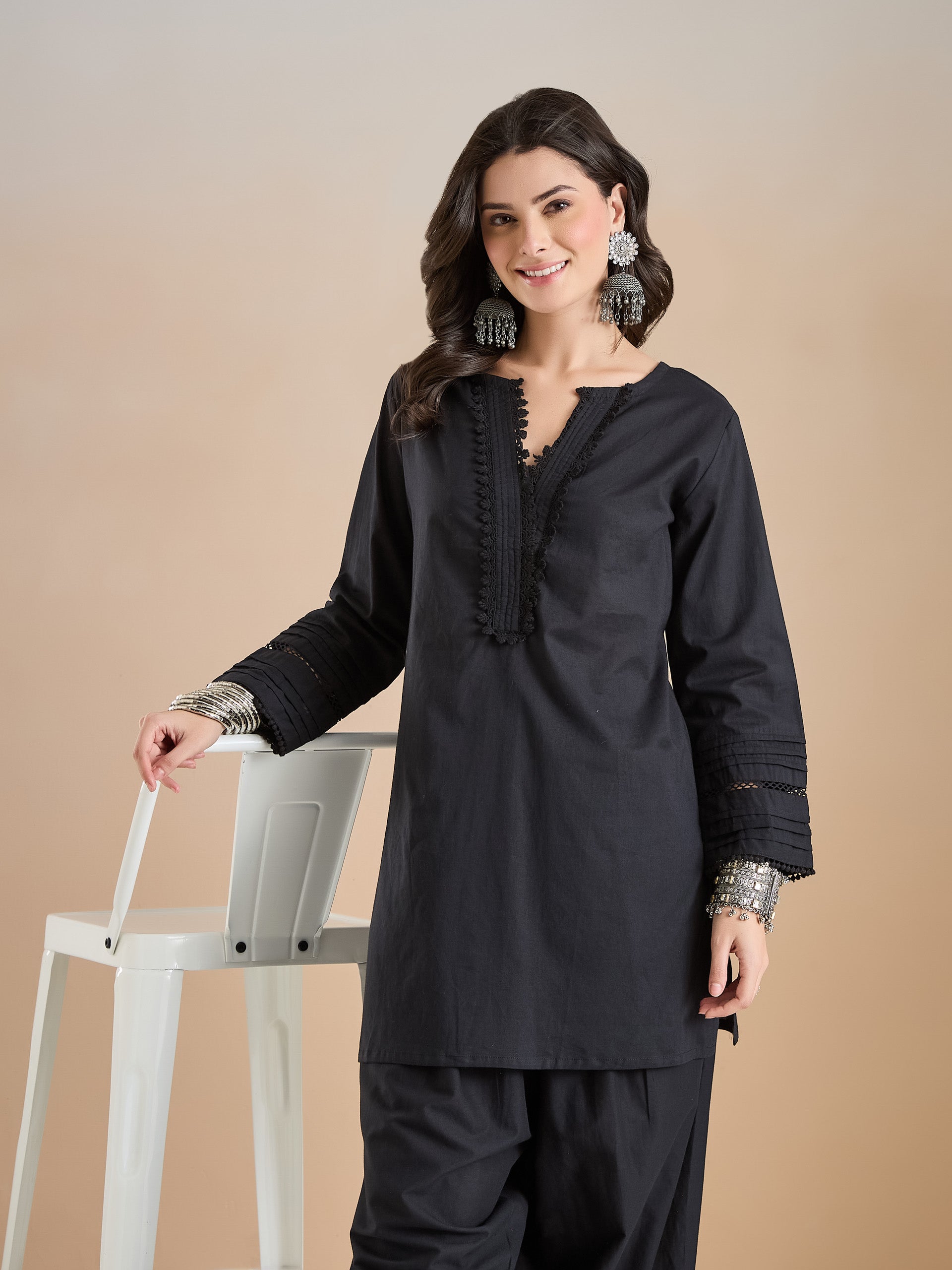 Pure Cotton Straight Fit Black Kurti with Farshi Salwar