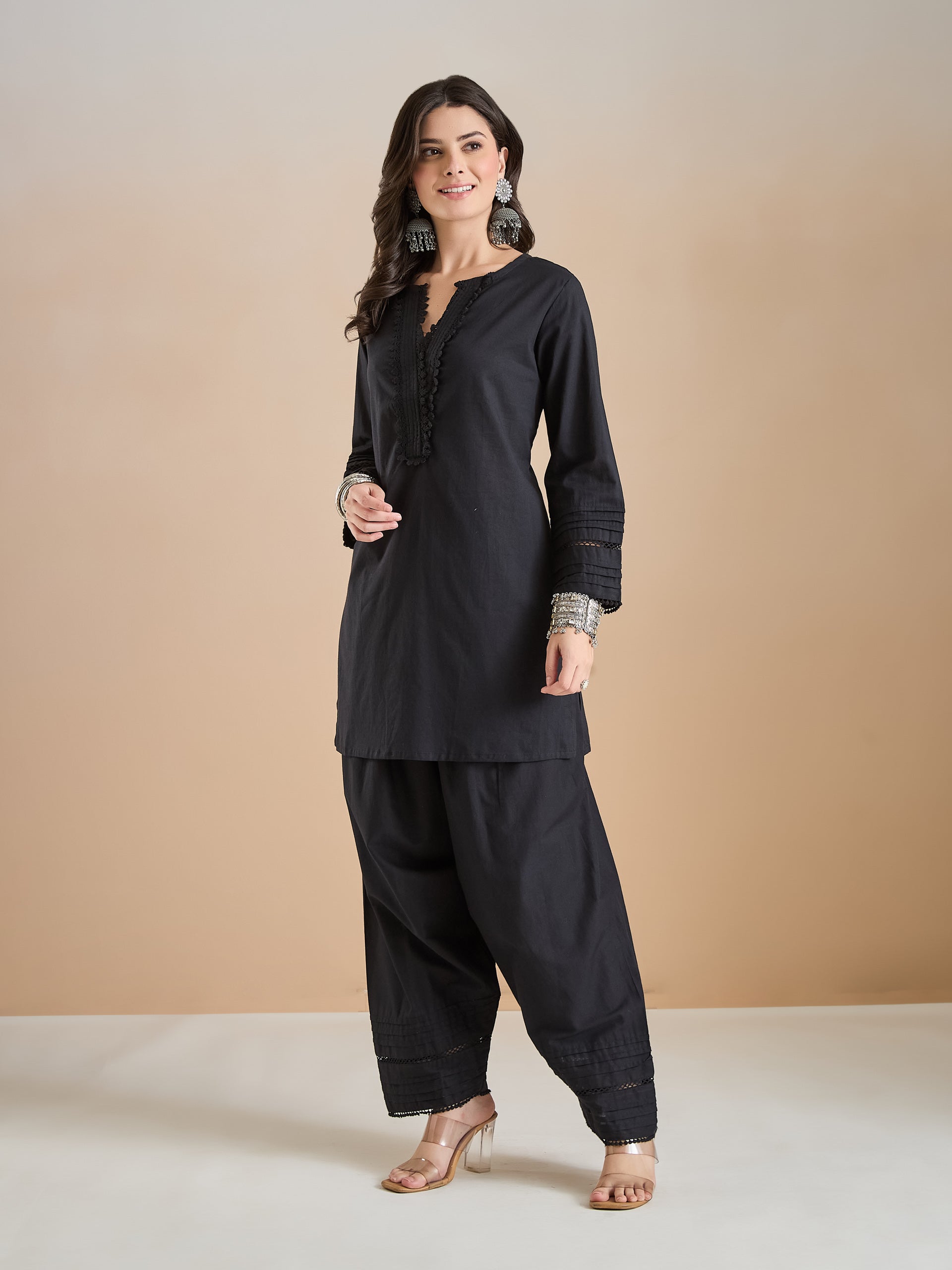 Pure Cotton Straight Fit Black Kurti with Farshi Salwar