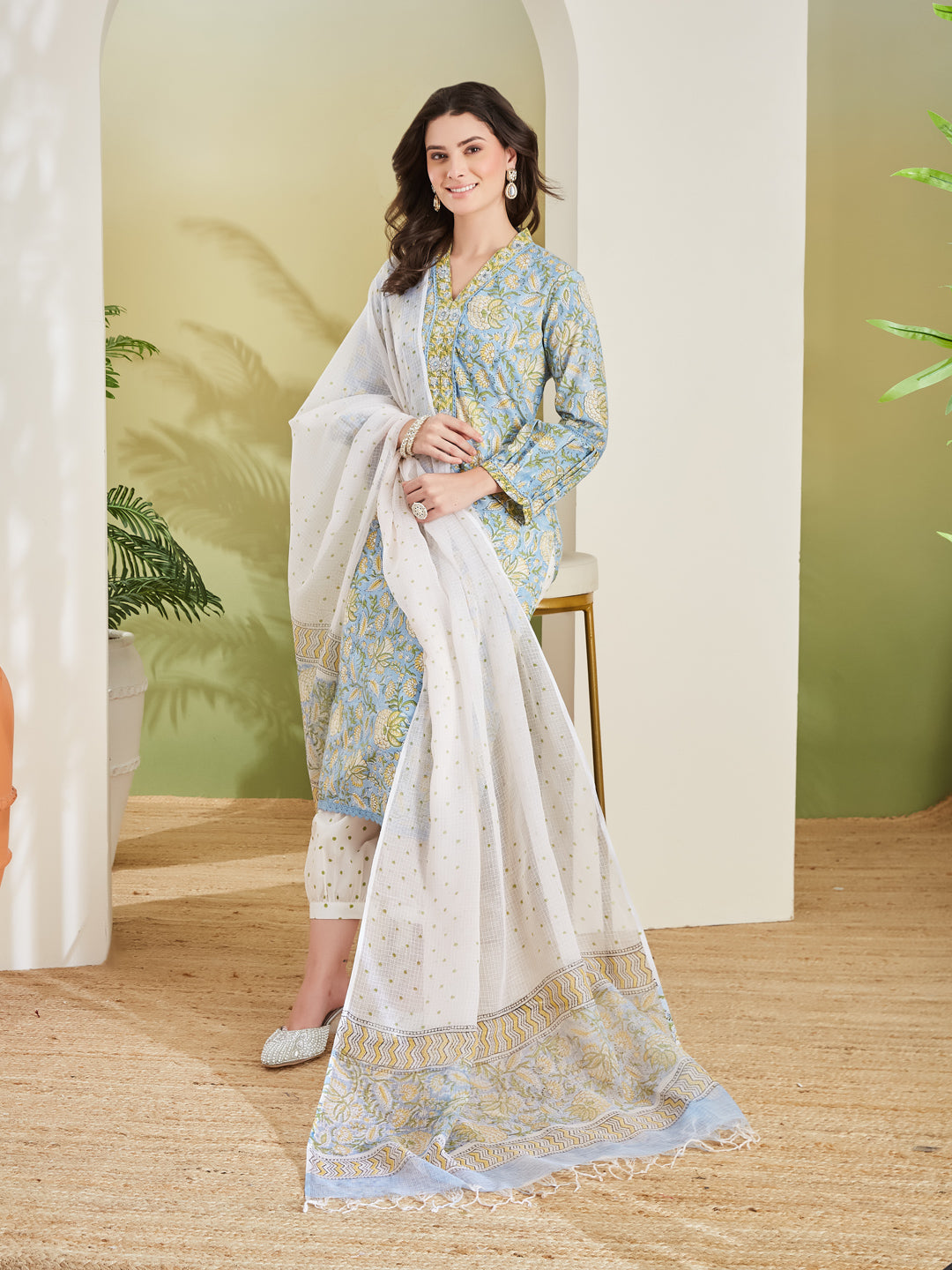 Handblock Printed Pure Cotton Straight Fit Sky Blue Kurta With Trousers & Dupatta