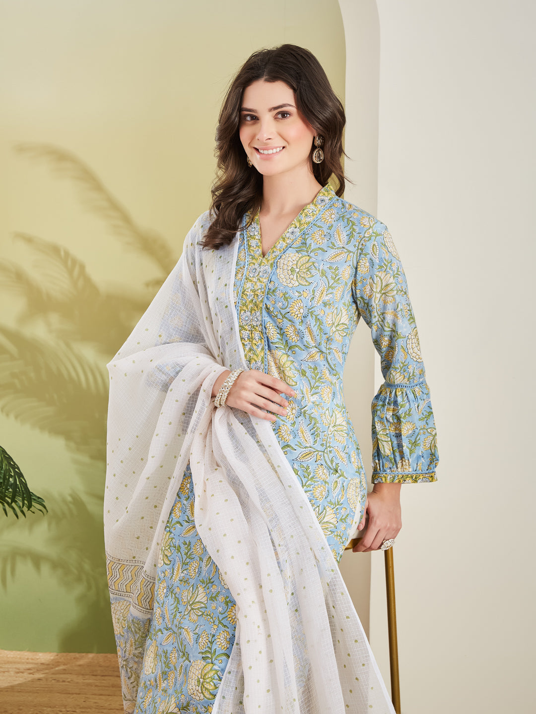 Handblock Printed Pure Cotton Straight Fit Sky Blue Kurta With Trousers & Dupatta