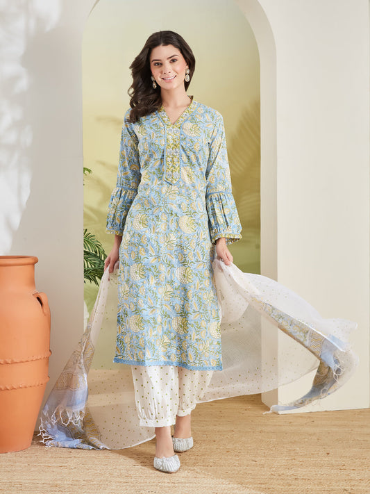 Handblock Printed Pure Cotton Straight Fit Sky Blue Kurta With Trousers & Dupatta
