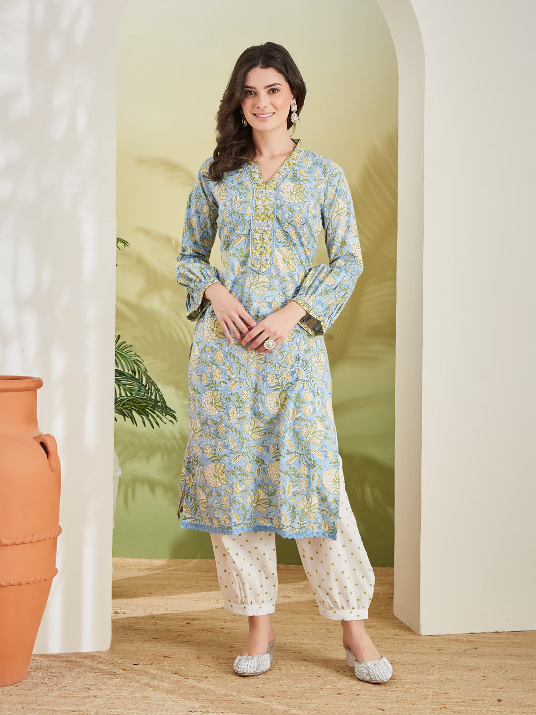 Handblock Printed Pure Cotton Straight Fit Sky Blue Kurta With Trousers & Dupatta