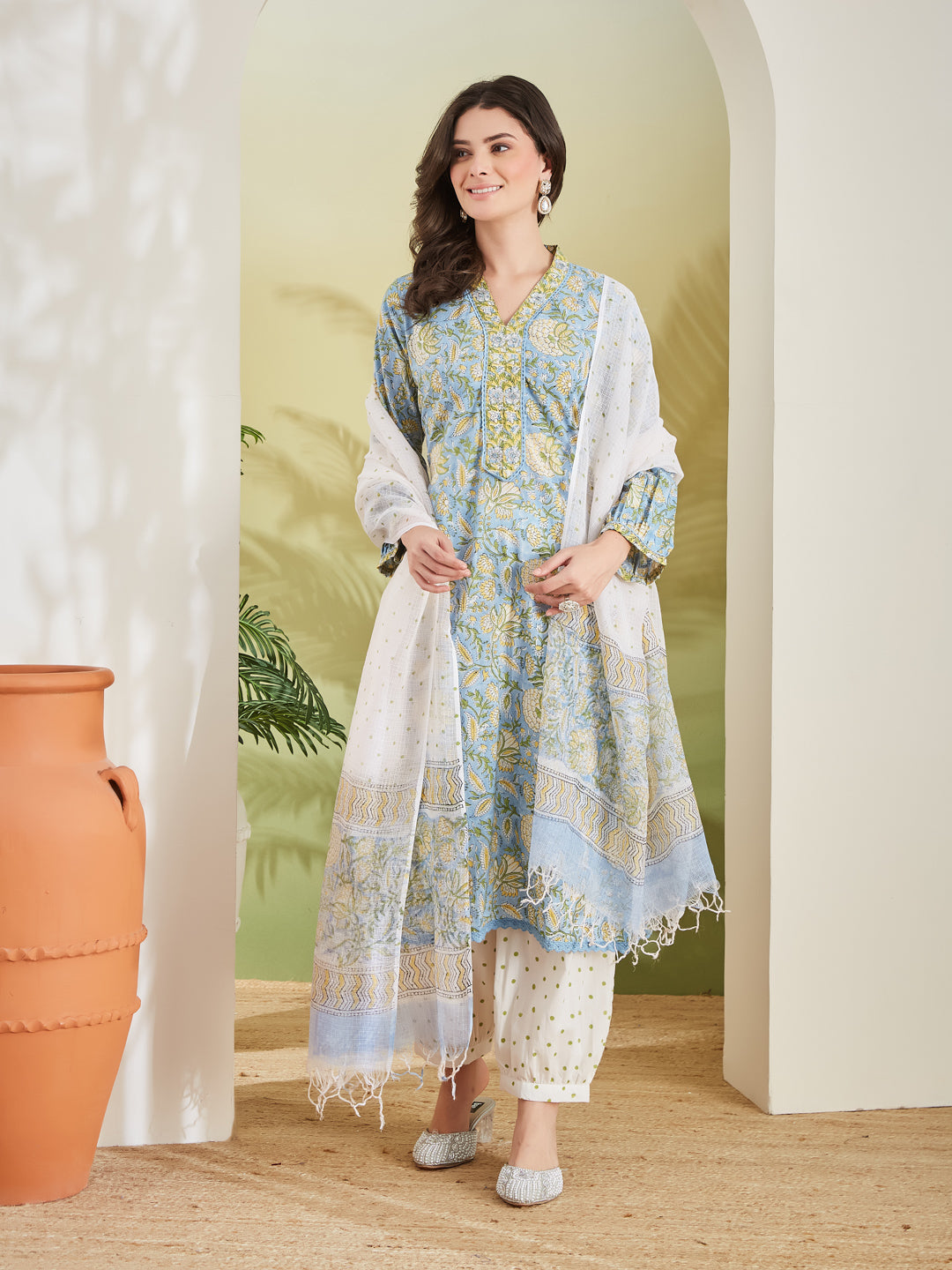 Handblock Printed Pure Cotton Straight Fit Sky Blue Kurta With Trousers & Dupatta
