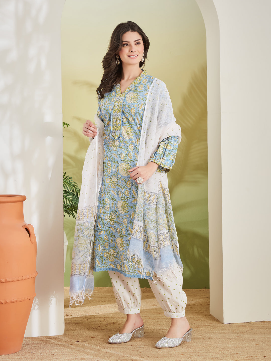 Handblock Printed Pure Cotton Straight Fit Sky Blue Kurta With Trousers & Dupatta