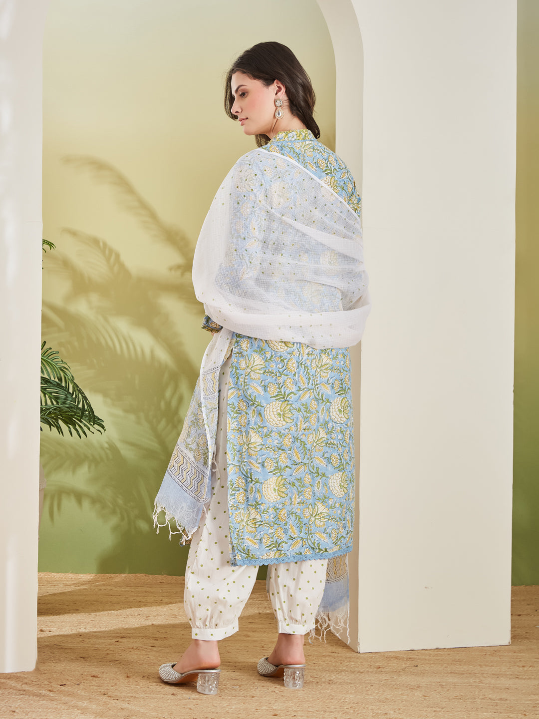 Handblock Printed Pure Cotton Straight Fit Sky Blue Kurta With Trousers & Dupatta