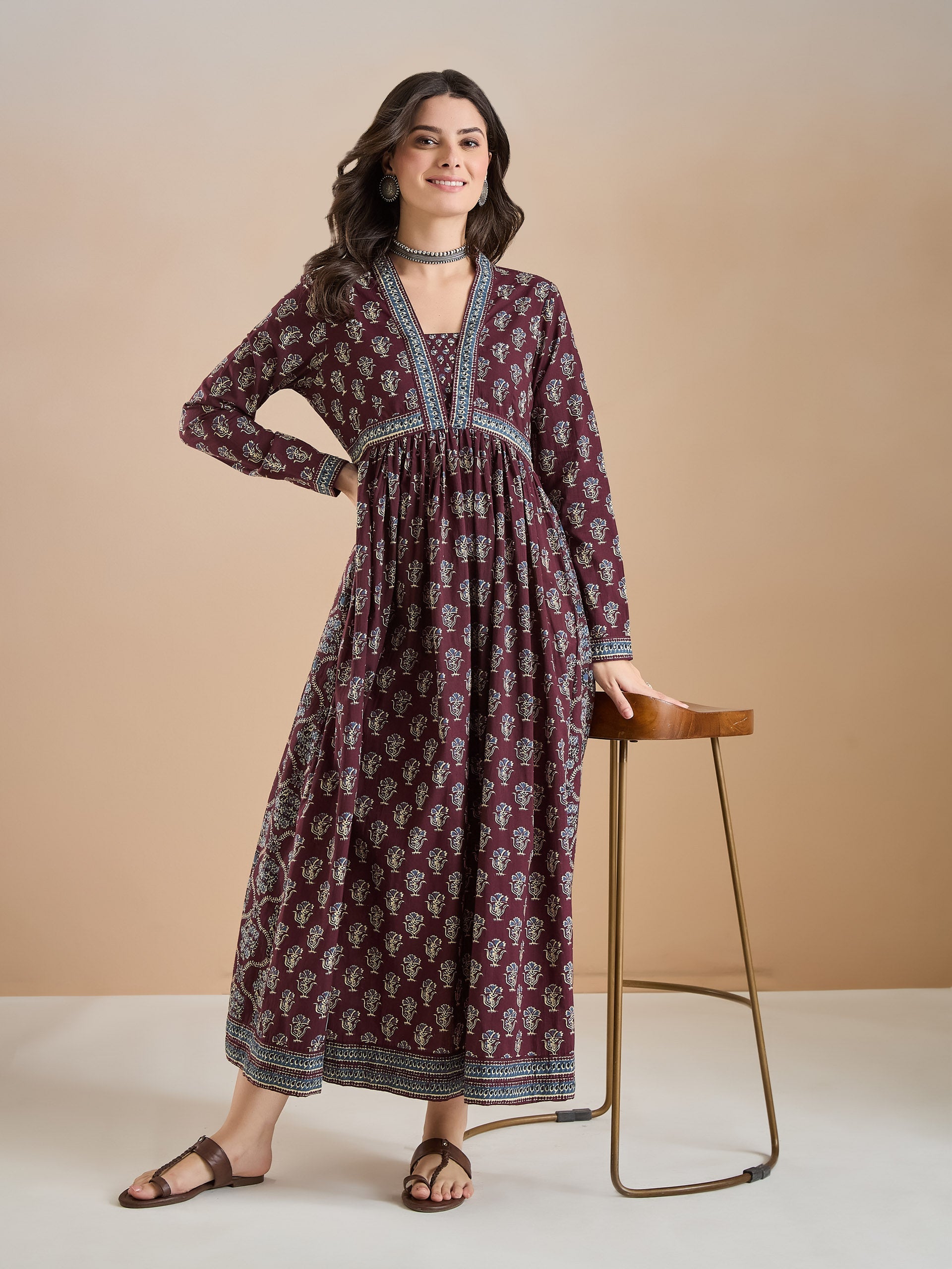 Women Printed Pure Cotton A-Line Wine Anarkali Kurta