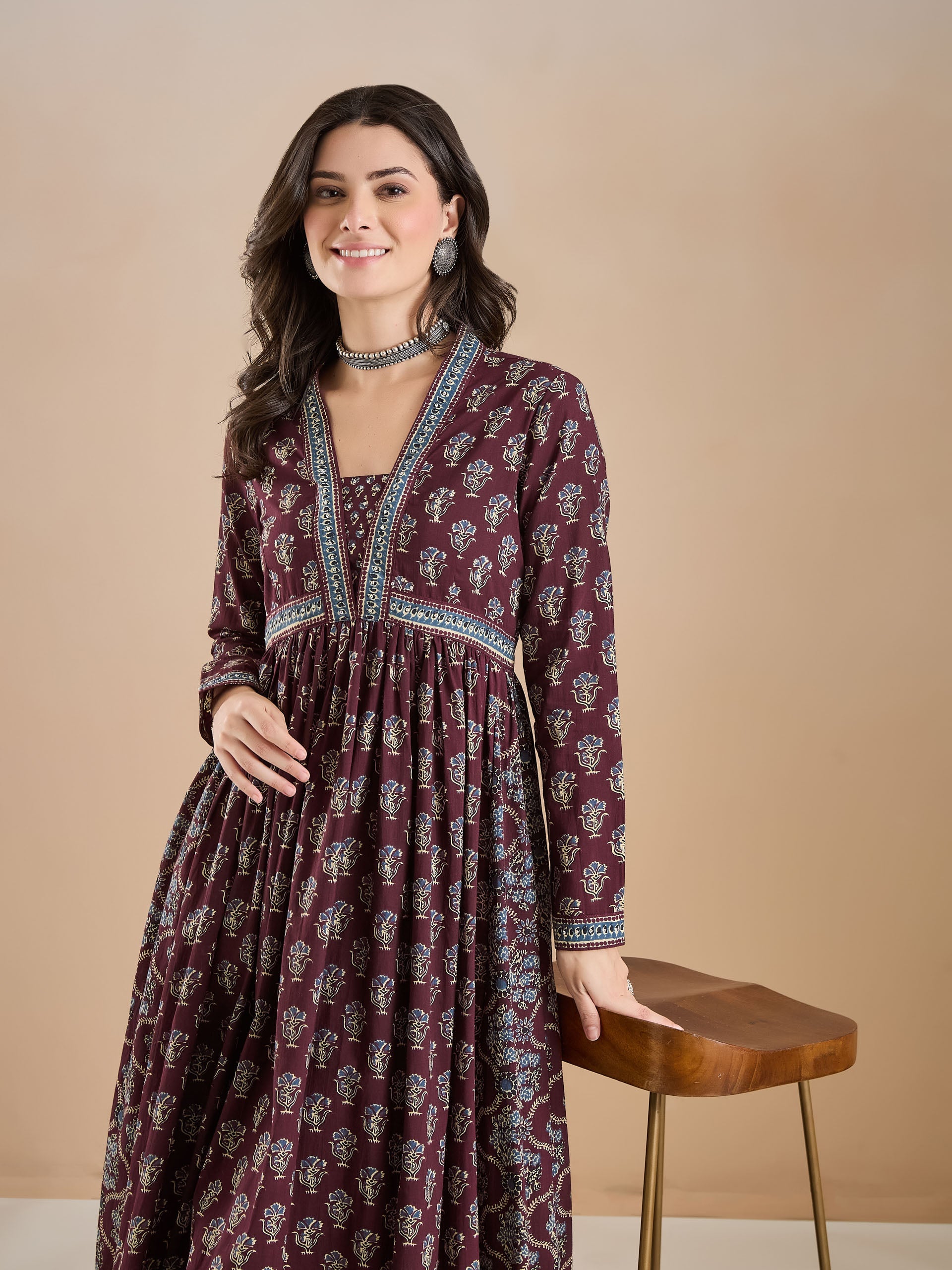 Women Printed Pure Cotton A-Line Wine Anarkali Kurta