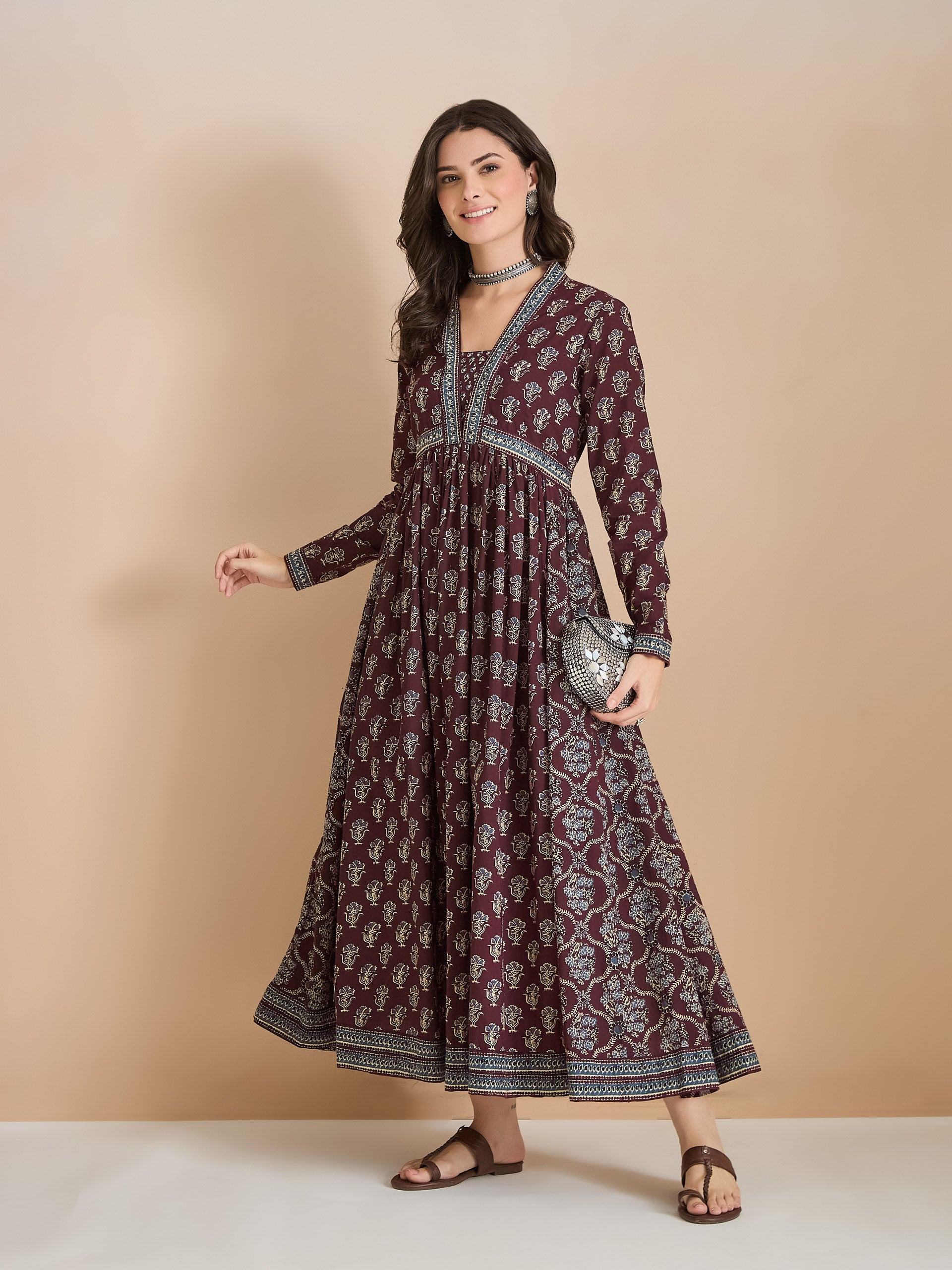 Women Printed Pure Cotton A-Line Wine Anarkali Kurta