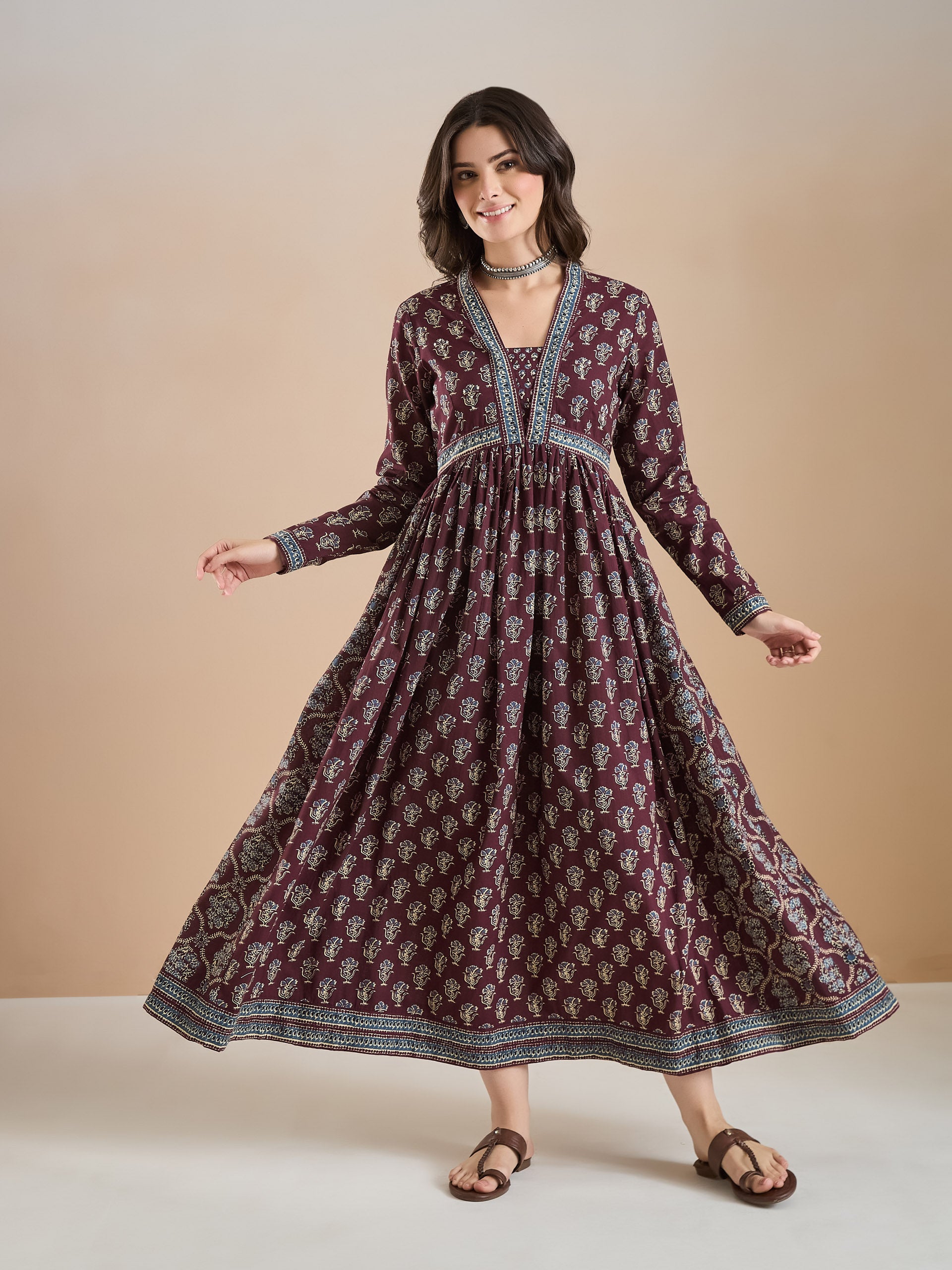 Women Printed Pure Cotton A-Line Wine Anarkali Kurta