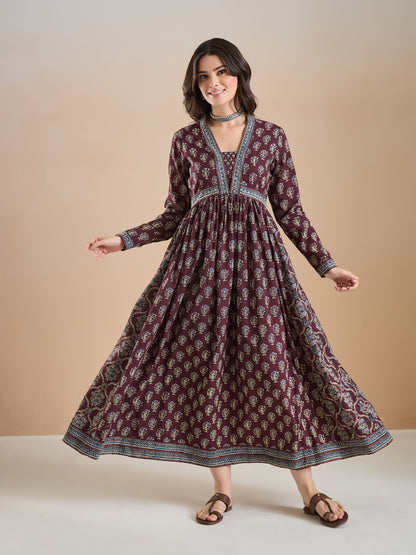 Women Printed Pure Cotton A-Line Wine Anarkali Kurta