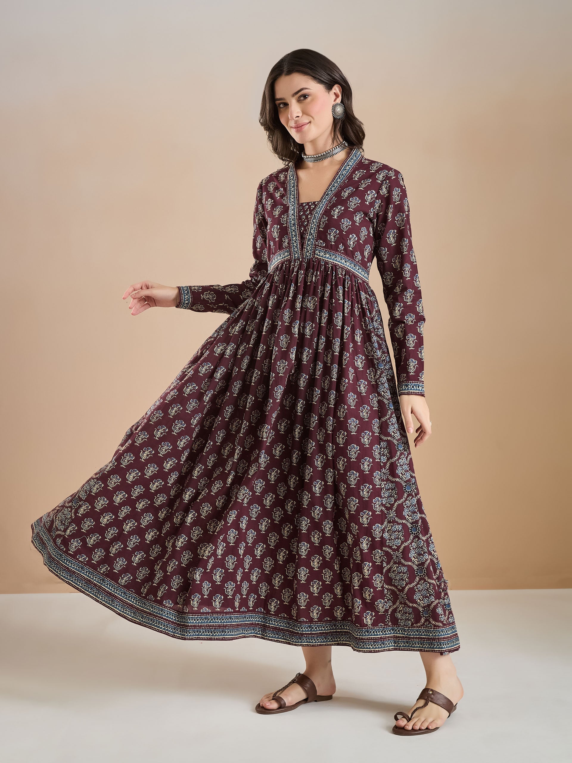 Women Printed Pure Cotton A-Line Wine Anarkali Kurta