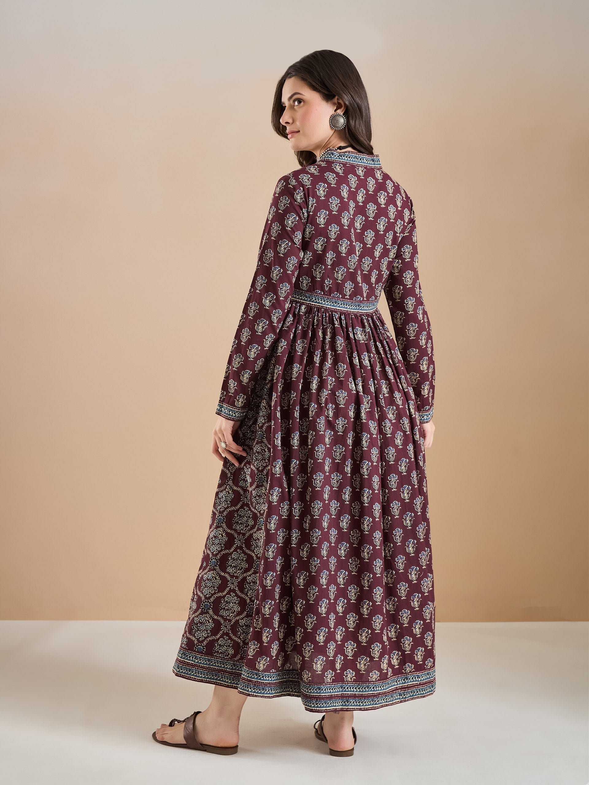 Women Printed Pure Cotton A-Line Wine Anarkali Kurta